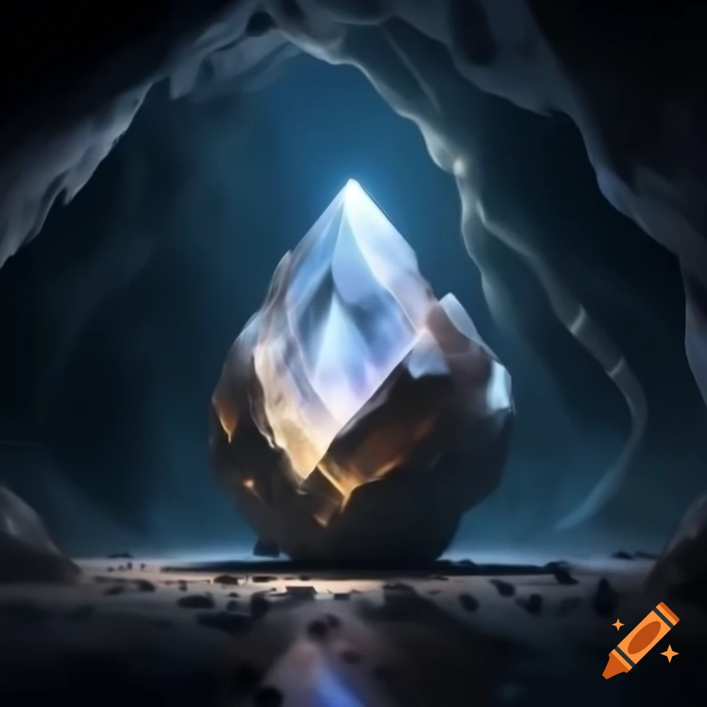 Massive glowing crystal embedded in cave ceiling