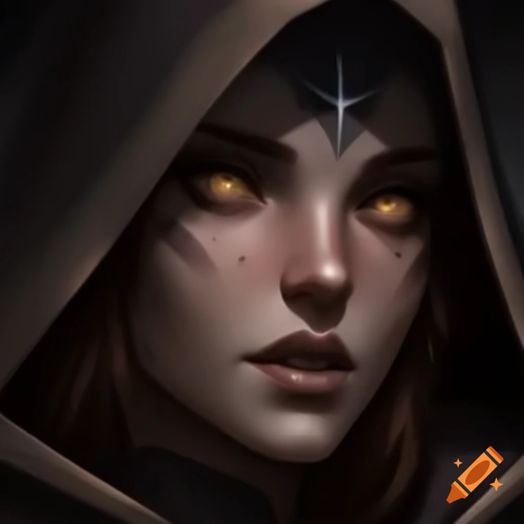 Female cleric with sacred markings and hooded dark brown hair on Craiyon