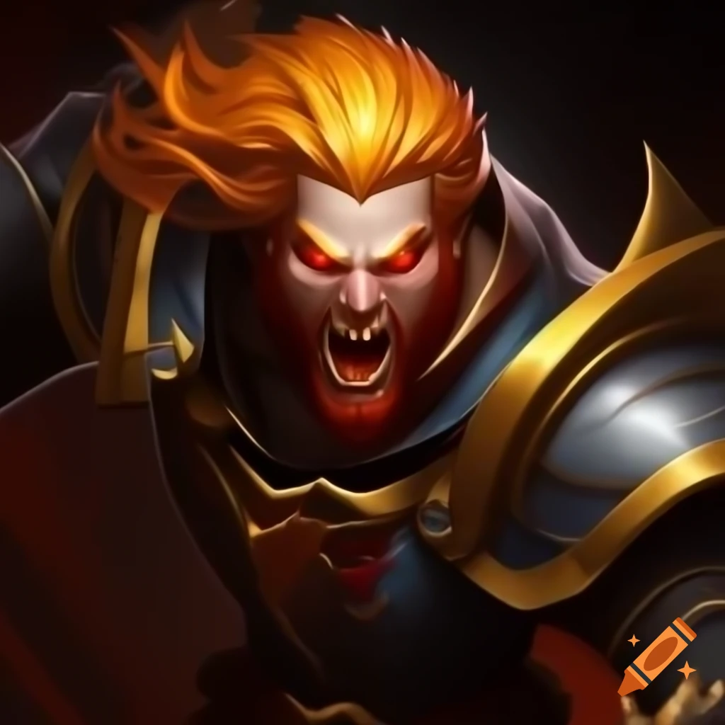 Crusader with golden hair and red eyes in furious pose, Warcraft theme