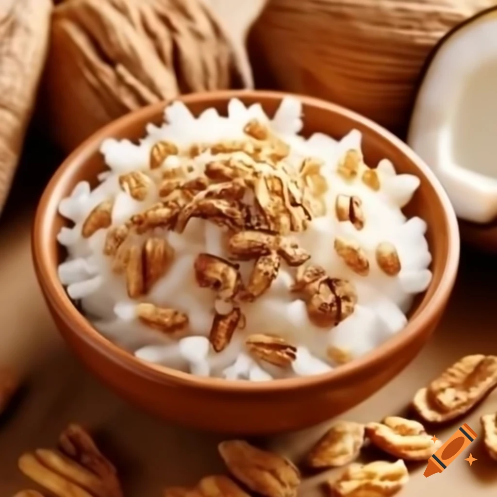 Bowl with mix of walnut crumbs, shredded coconut, and shredded cassava