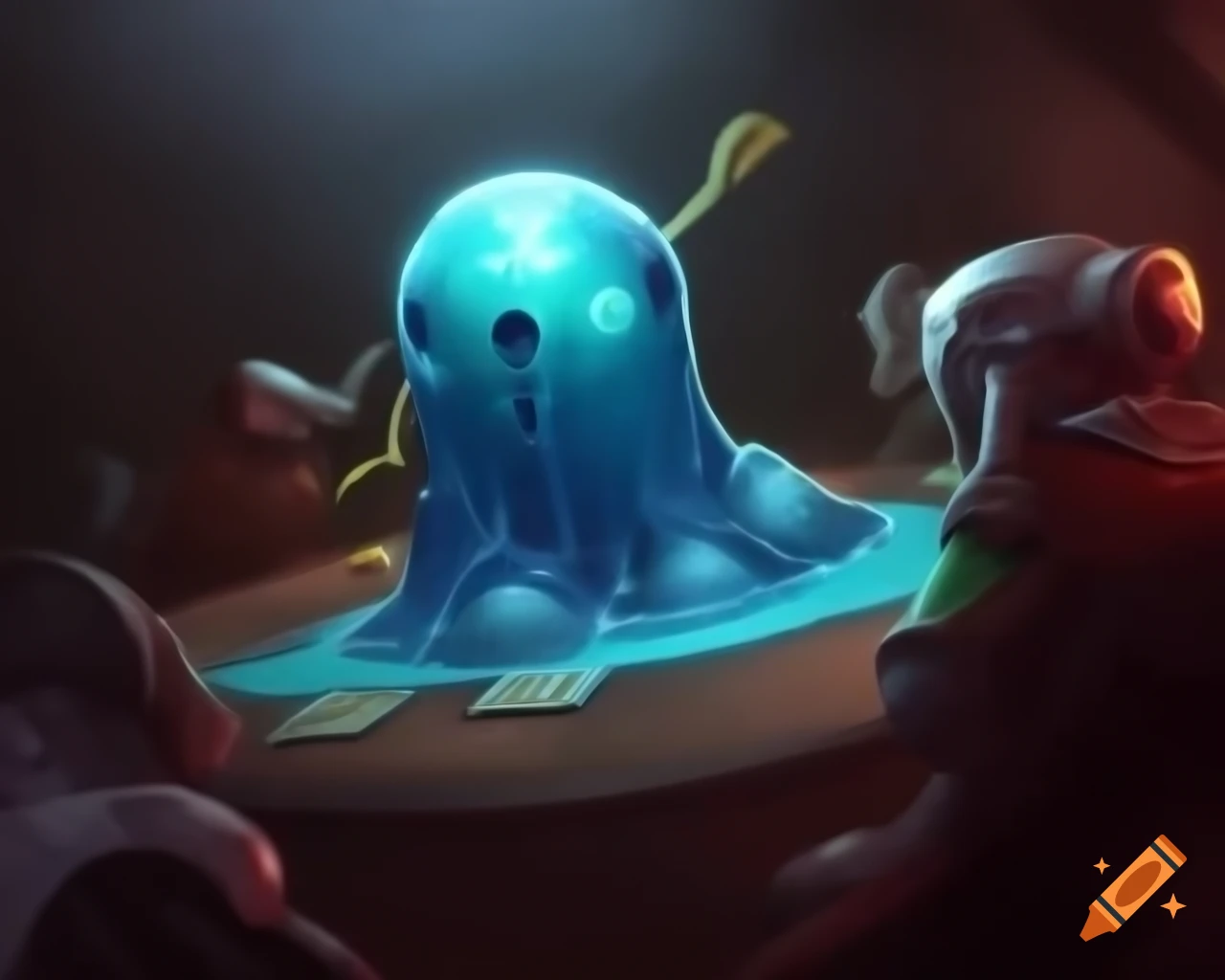 Futuristic blue goo engulfing astronaut figure from Hearthstone card