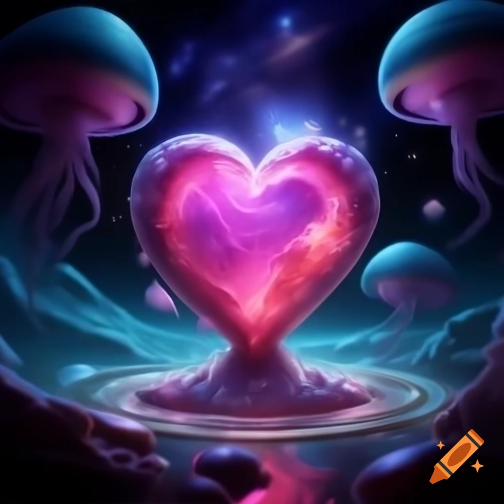 Glowing pink heart in cosmic space with flying jellyfish and ...