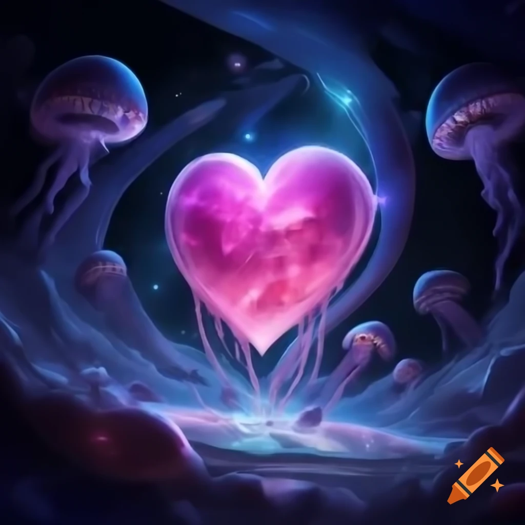 Glowing pink heart in cosmic space with flying jellyfish and ...