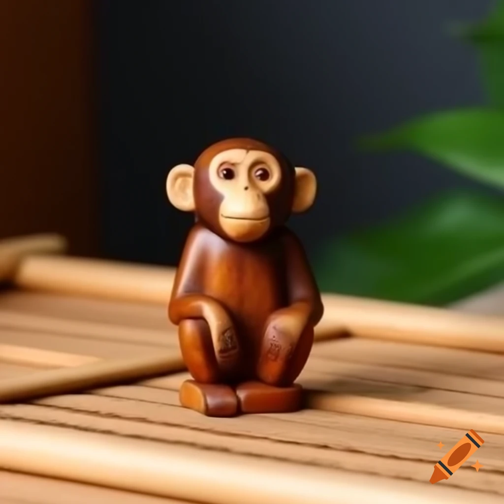 Small wooden statue of a wise monkey on a mat