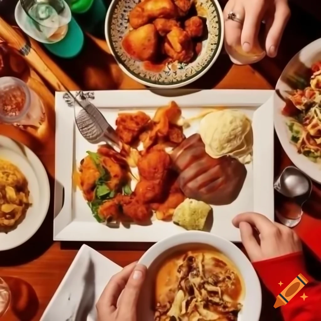 Dining table set with diverse dishes including pasta, fried chicken, and steak