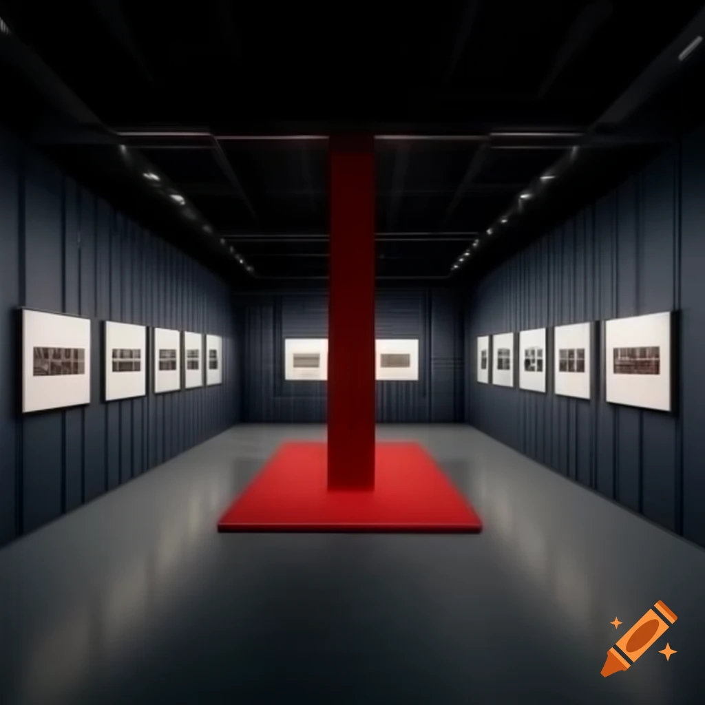 Interior of photography exhibition in shipping container with empty picture frames