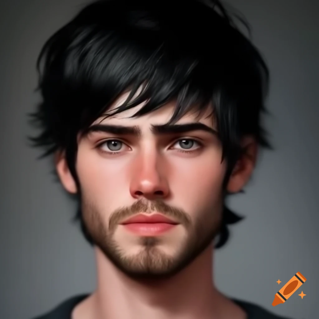 Photorealistic digital portrait of young man with black hair and hazel eyes