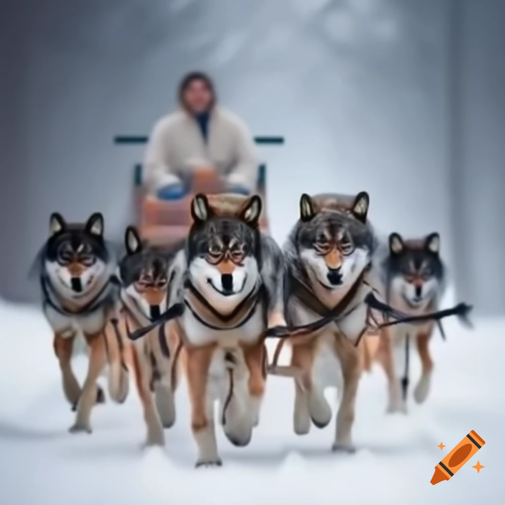 Dire wolves pulling a sleigh in a snowy landscape