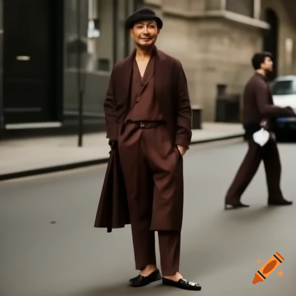 Man in dark chocolate pajama qameez and cream check coat standing on street in morning