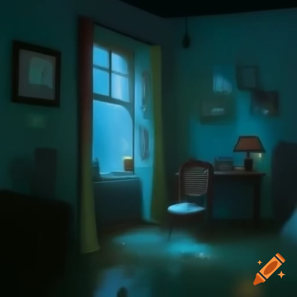 Cozy dimly lit room with vintage decor and rainy street view at night