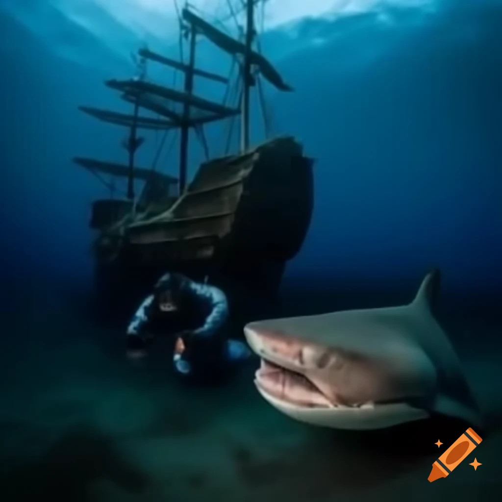 Diver exploring sunken pirate ship with shark in deep water