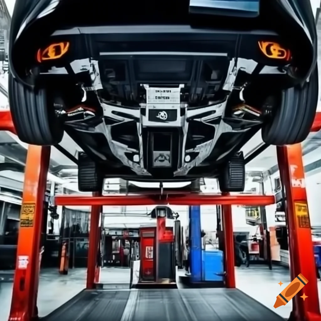 Automotive service bay featuring car on lift surrounded by tools