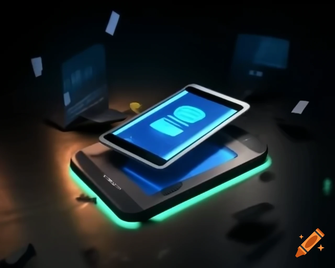 Futuristic tablet displaying digital ledger with glowing blue transactions and red alert icon