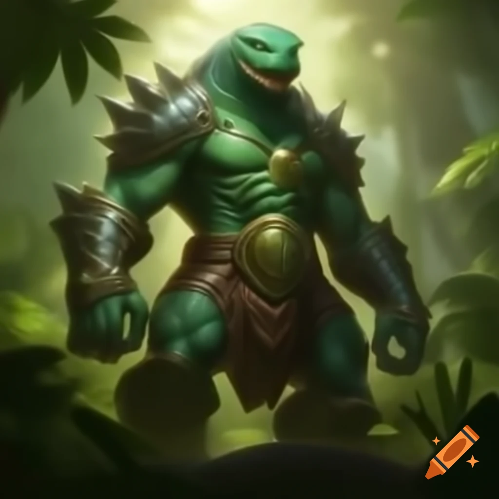 Muscular Nagaji in jungle clearing with shimmering scales surrounded by elemental forces