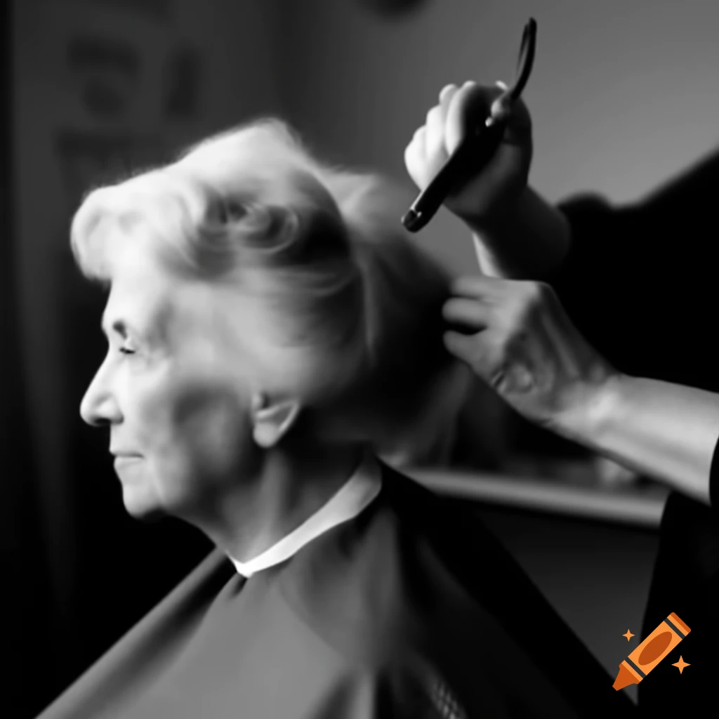 Hairdresser styling hair of older lady