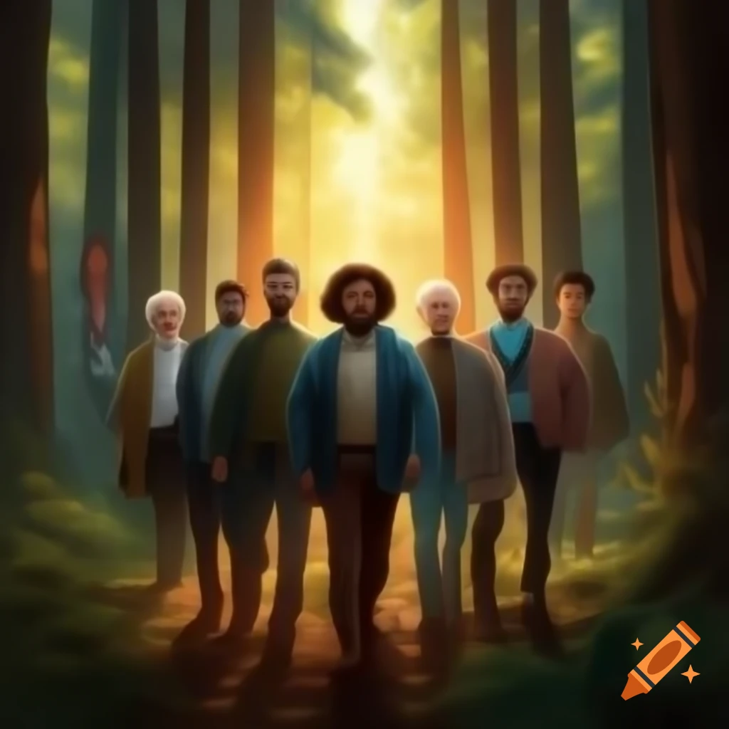Men of diverse backgrounds walking hand-in-hand in sunlit forest