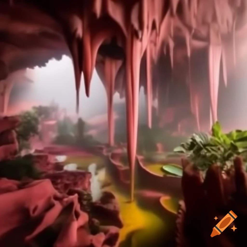 Large cavern with pink walls, mist, and unique plant life