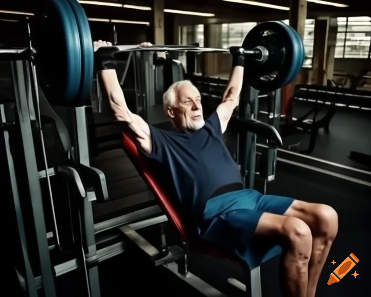 Old man lifting 1000 pounds on bench press in gym on Craiyon