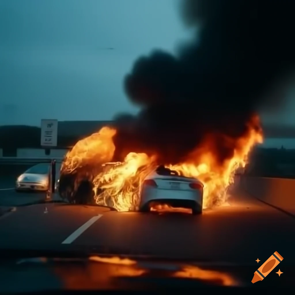 Tesla car engulfed in flames during traffic jam