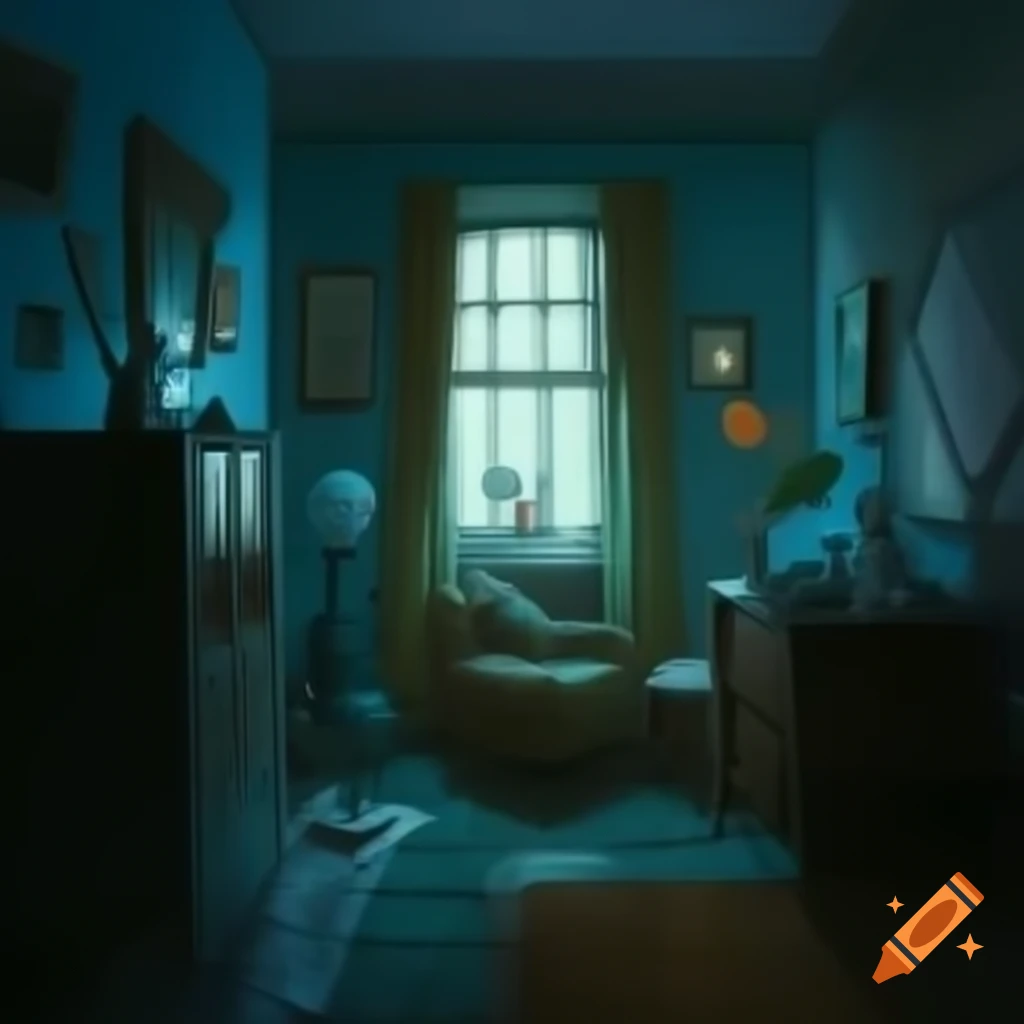 Cozy dimly lit room with vintage decor and rainy street view
