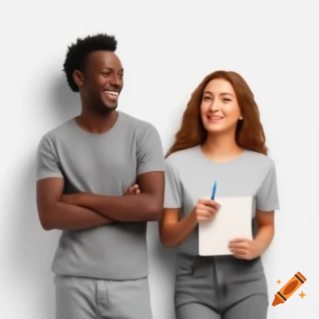 Smiling African man in grey jeans and fuchsia t-shirt with European woman in fuchsia pants and grey t-shirt