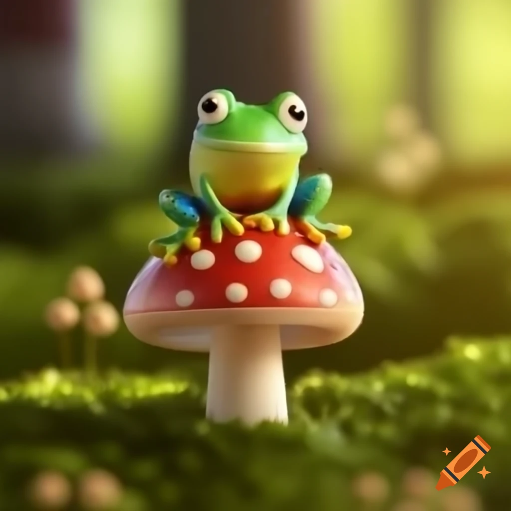 Vibrant green frog on toadstool in dappled sunlight of forest
