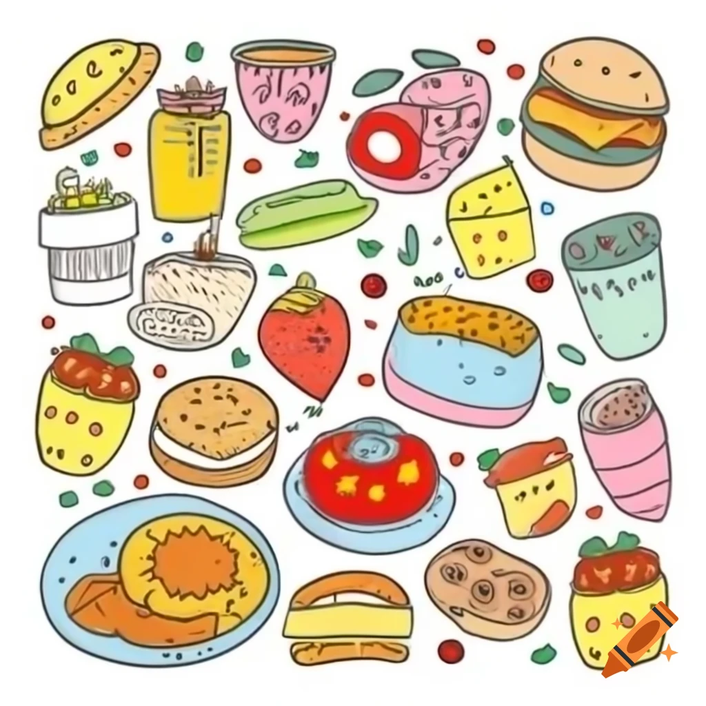 Food coloring book page with various food items