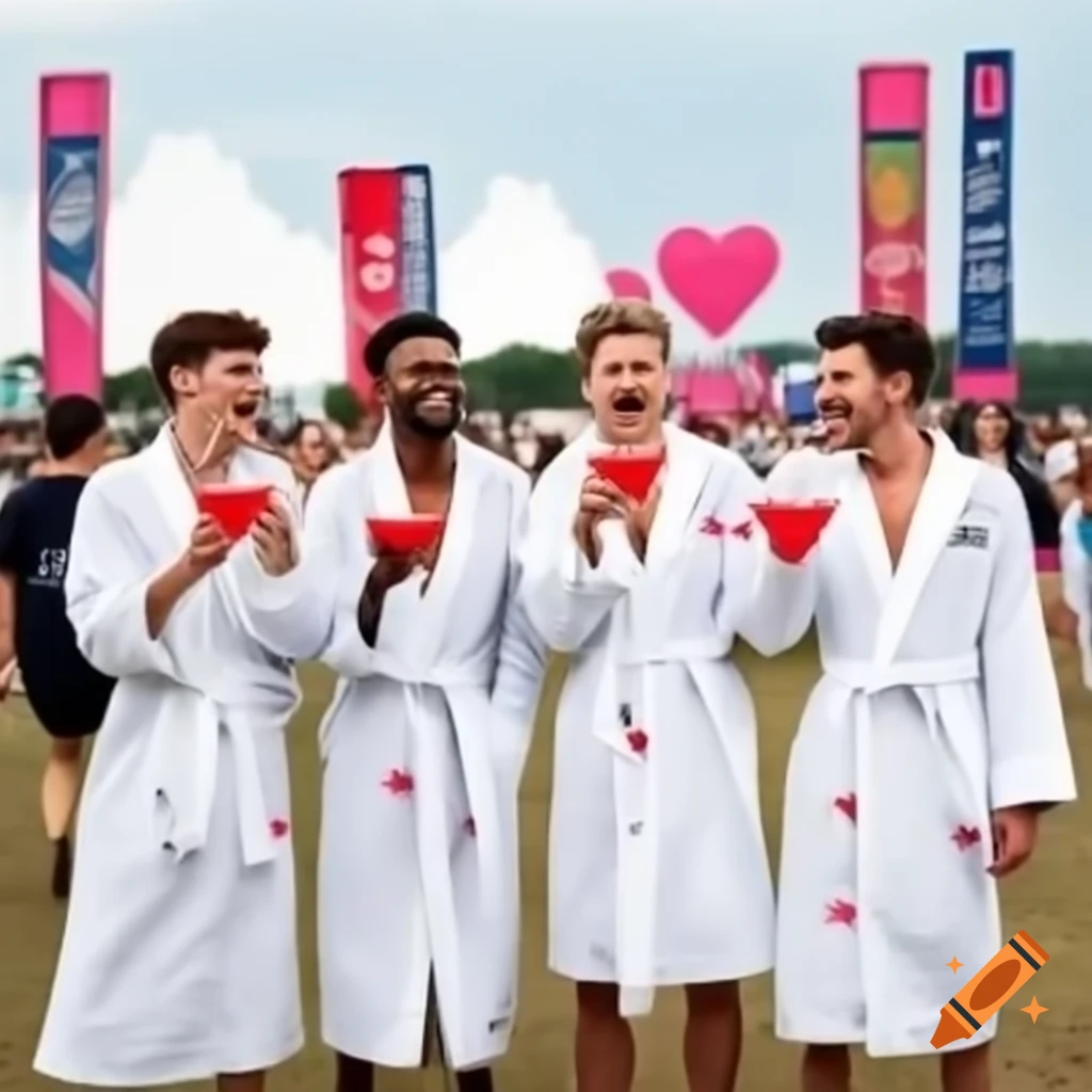 Men in heart-patterned bathrobes enjoying drinks at a lively festival