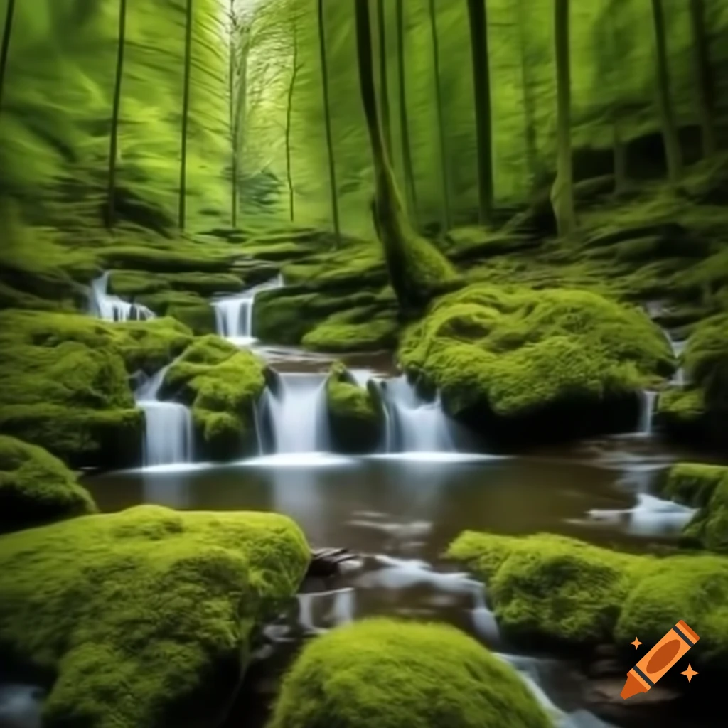 Deer drinking from waterfall in a green forest