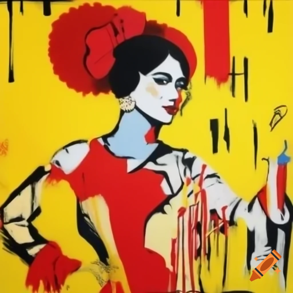 Spanish flamenco painting featuring strong red and yellow colors in the style of Basquiat and Lam