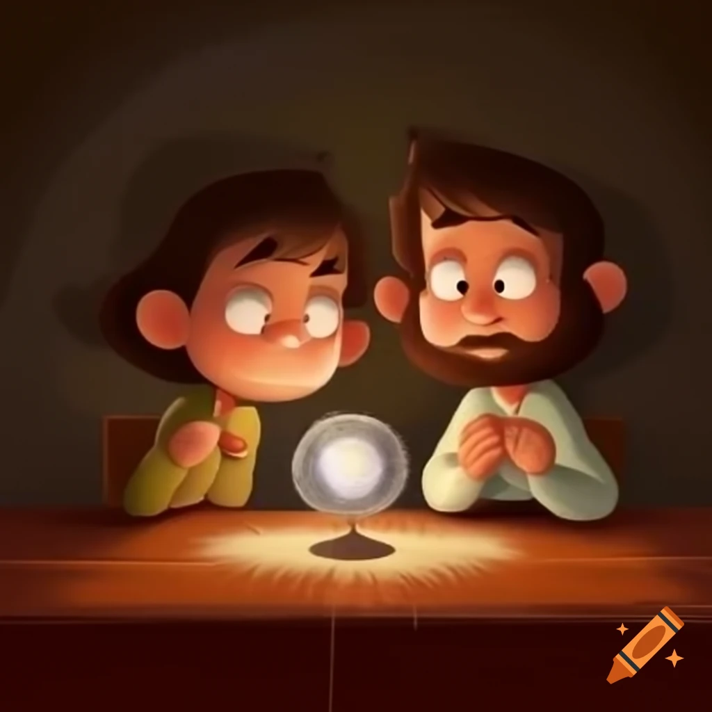 Two people examining a crystal ball on a table