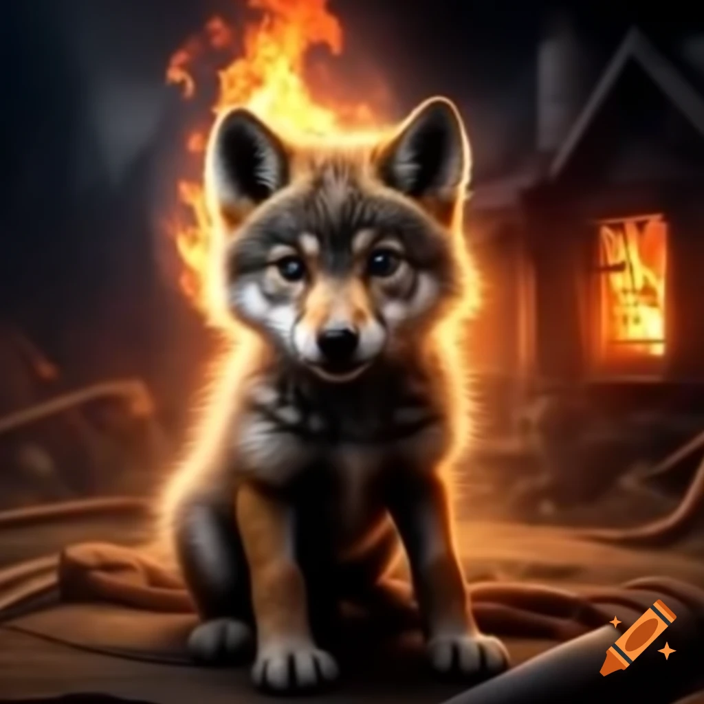 Baby wolf cub breathing fire in a haunted house setting on Craiyon