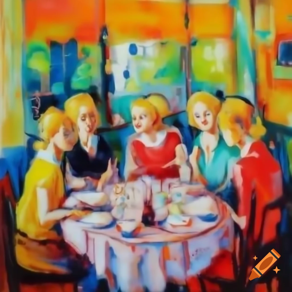 Abstract painting of vibrant restaurant scene with young women enjoying a feast