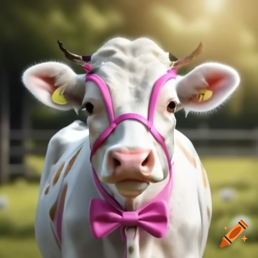 White cow with pink patches and a pink ribbon bow, featuring doe eyes