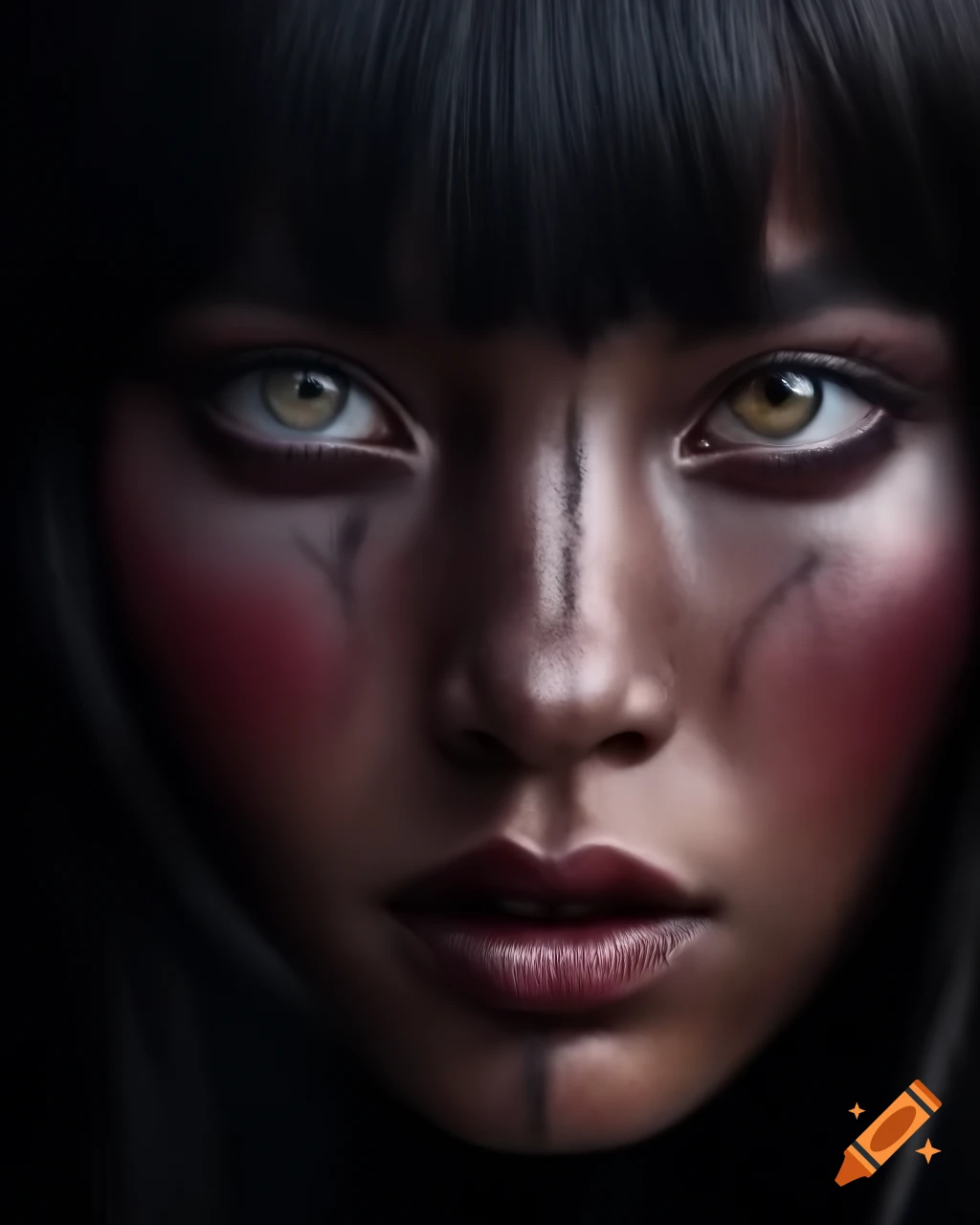 Hyperrealistic portrait of a woman with dark expressive eyes and styled ...