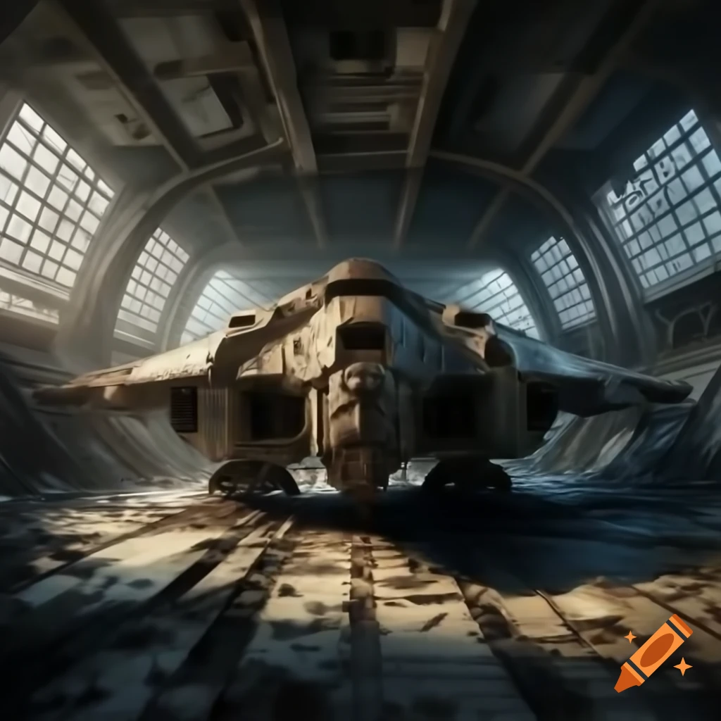 Abandoned spaceship and derelict space station with dramatic lighting and shadows