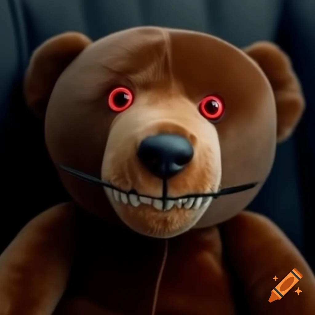 Cuddly teddy bear with red eyes and sharp teeth