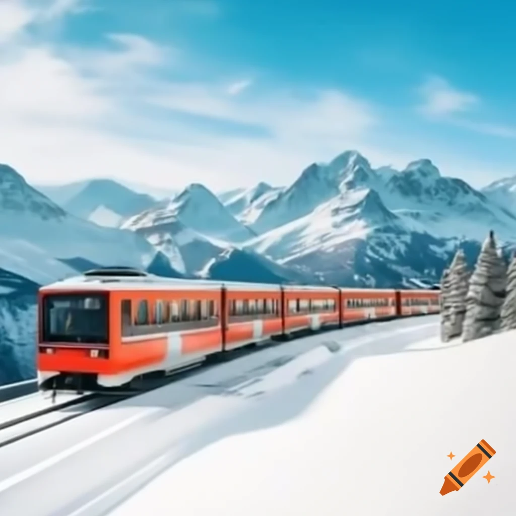 Train ride through snowy French Alps with couple
