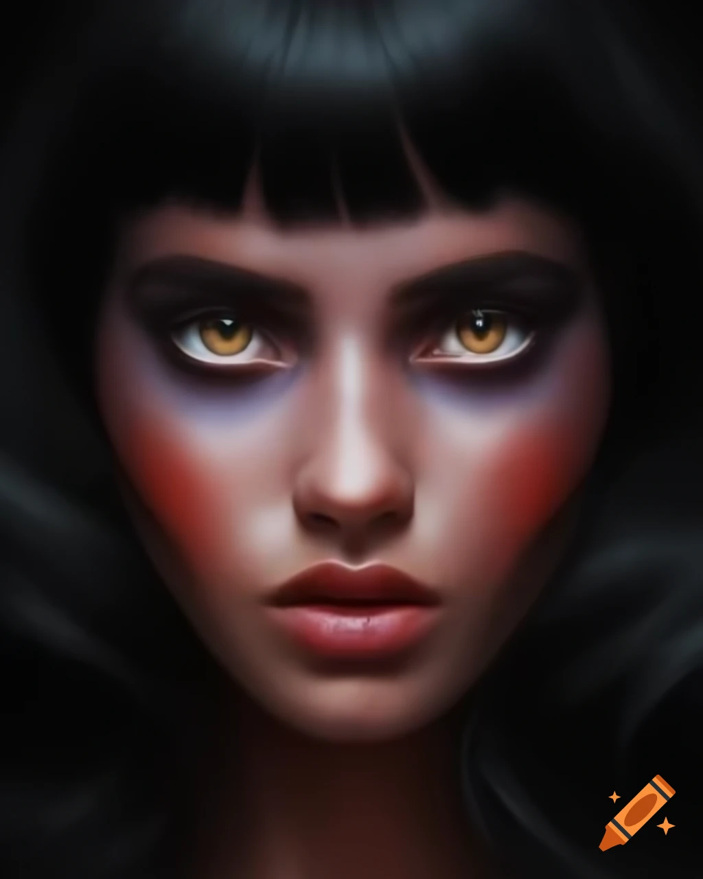 Hyperrealistic portrait of a woman with dark hair and expressive eyes ...