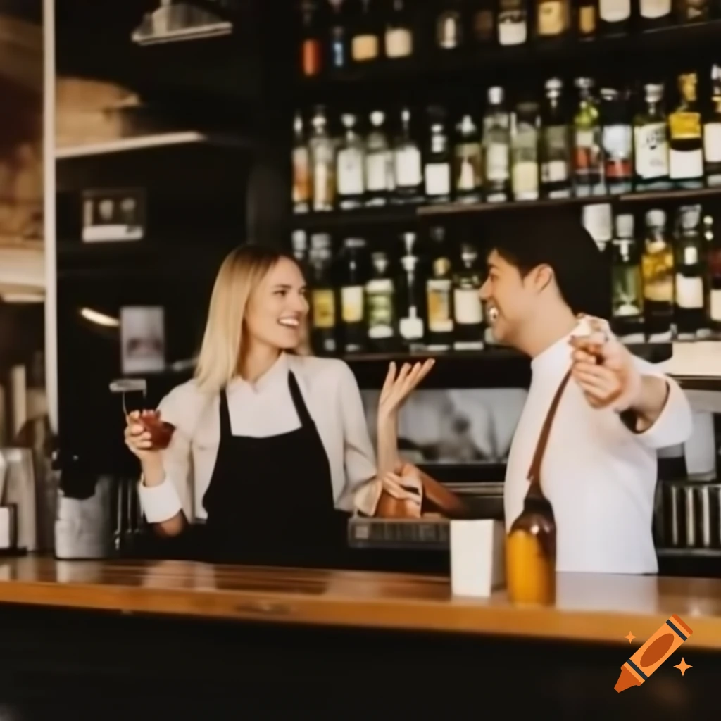 Barista smiling and handing drinks to customer with open body gesture