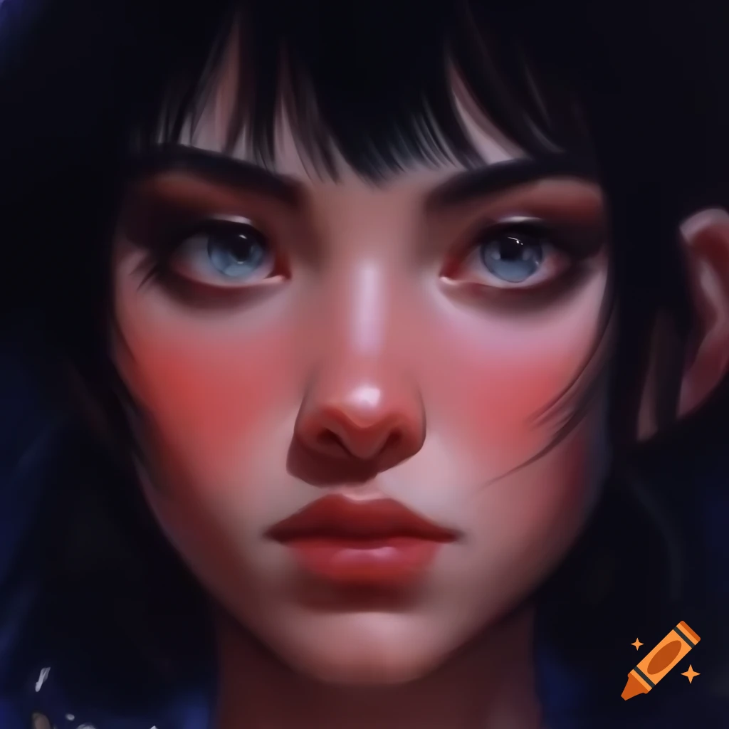 Hyperrealistic portrait of a woman with dark expressive eyes and styled ...