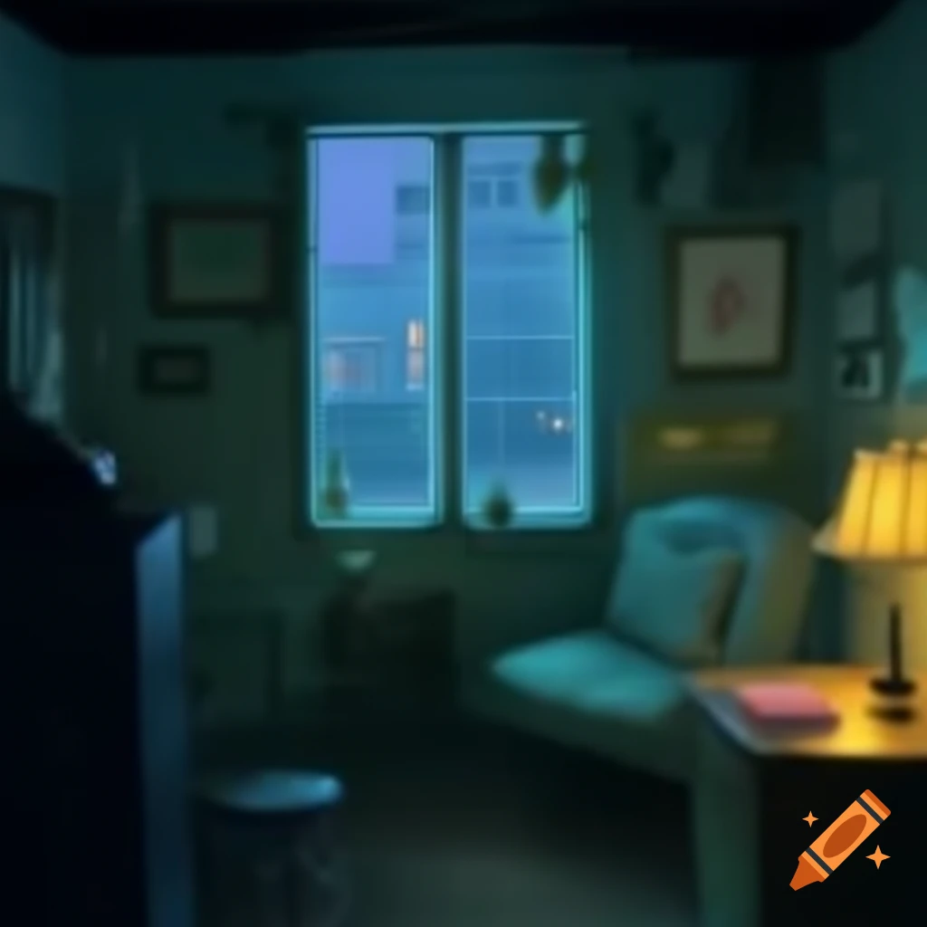 Cozy vintage room with soft lighting and rainy street view at night on ...