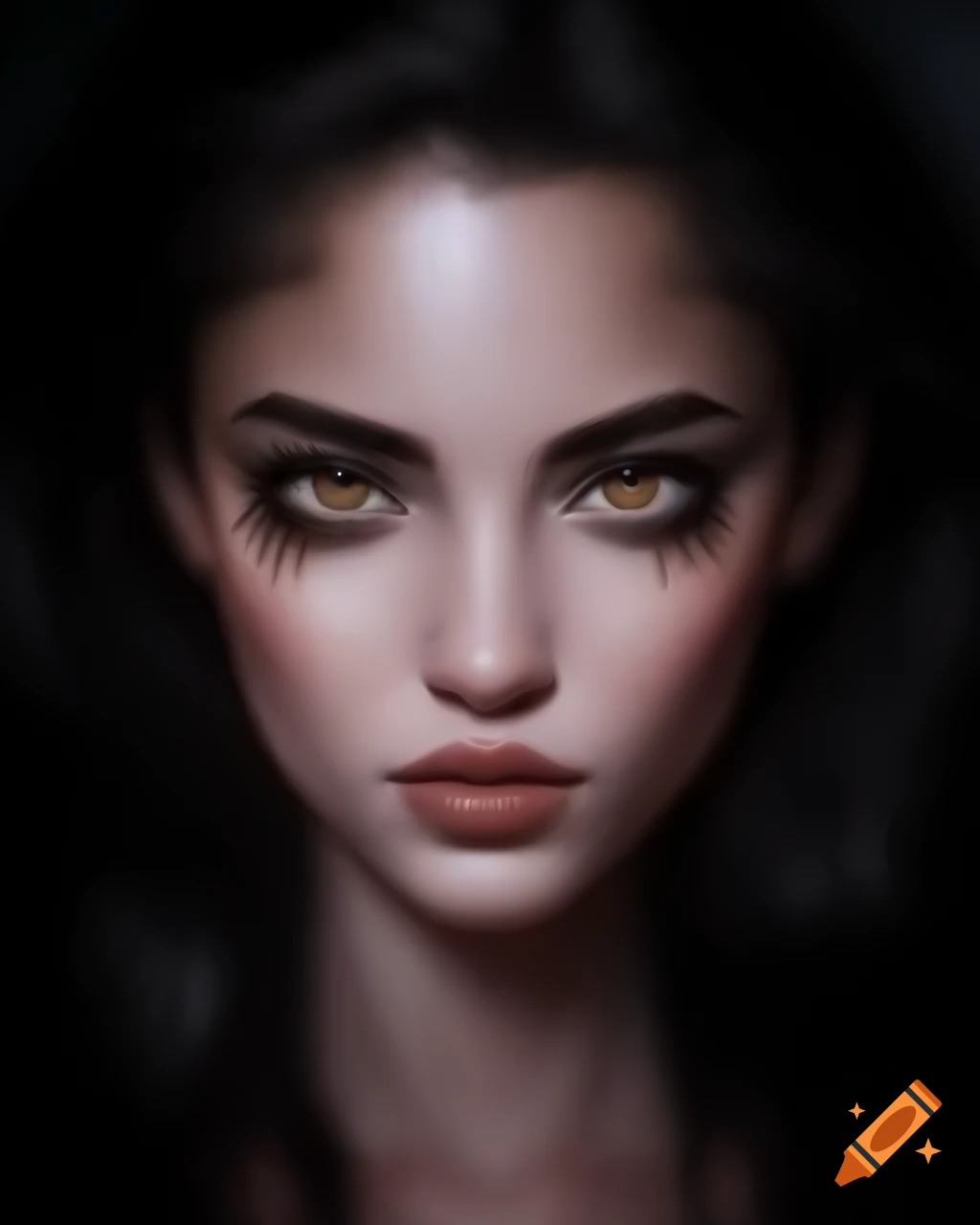 Hyperrealistic portrait of a woman with dark expressive eyes and styled ...
