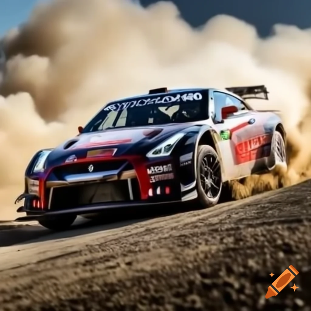 Nissan GTR Group B rally car drifting on gravel track with dust cloud