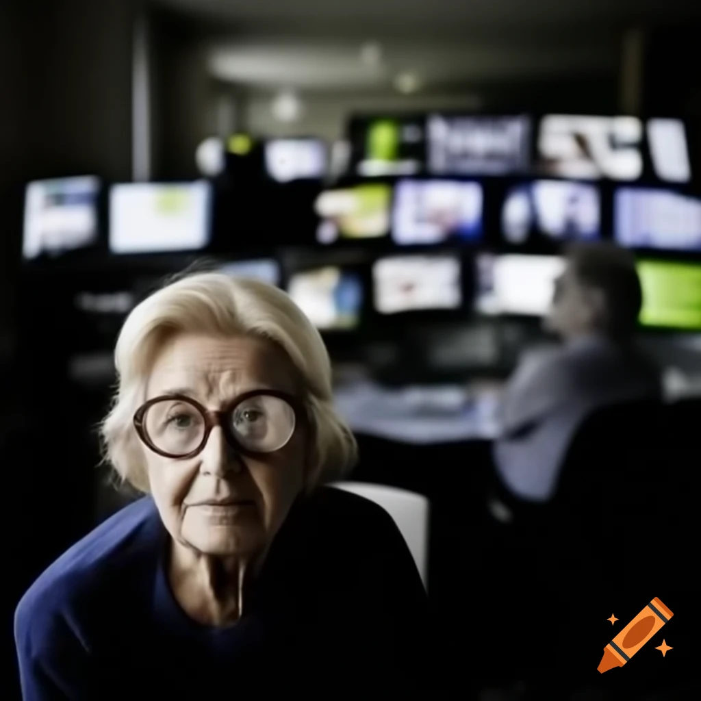 Blond woman in glasses, deputy director of public television in France, in her office