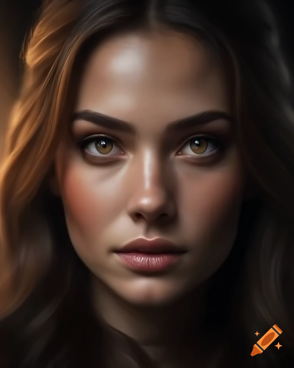 Captivating portrait of woman with luminous brown eyes and long hair ...
