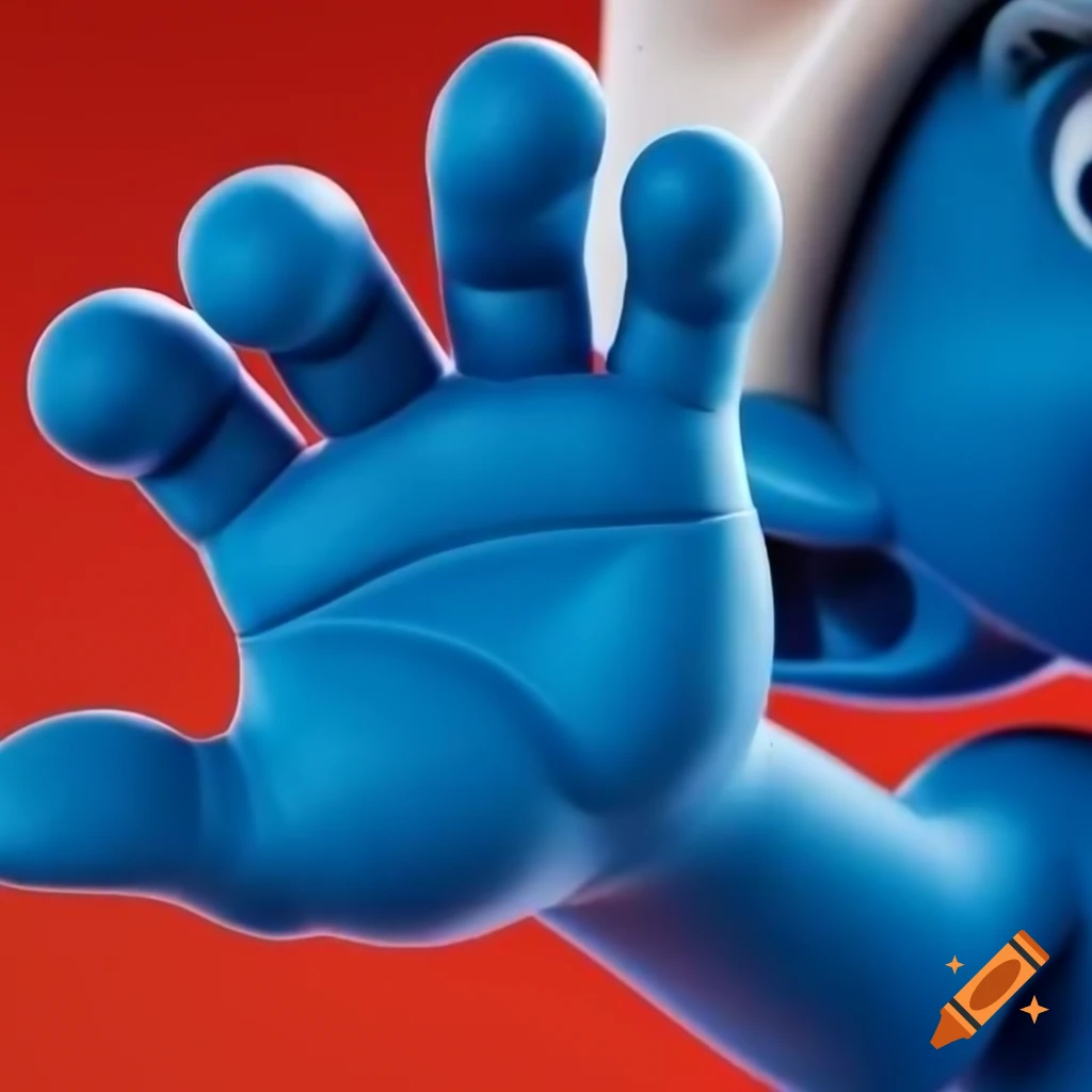 Close-up of Smurf's hand with detailed tiny fingers and blue hue