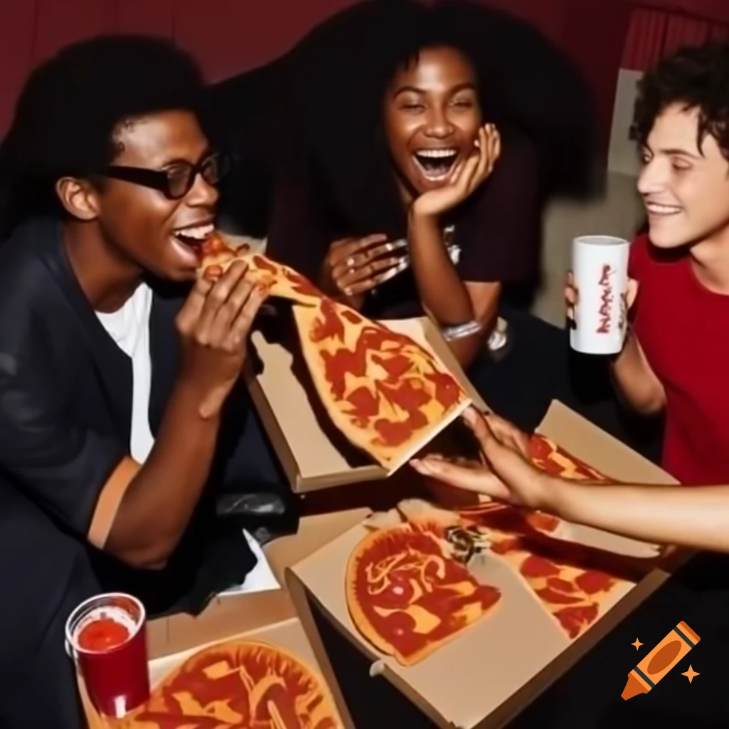 Friends enjoying pepperoni pizza and soda together