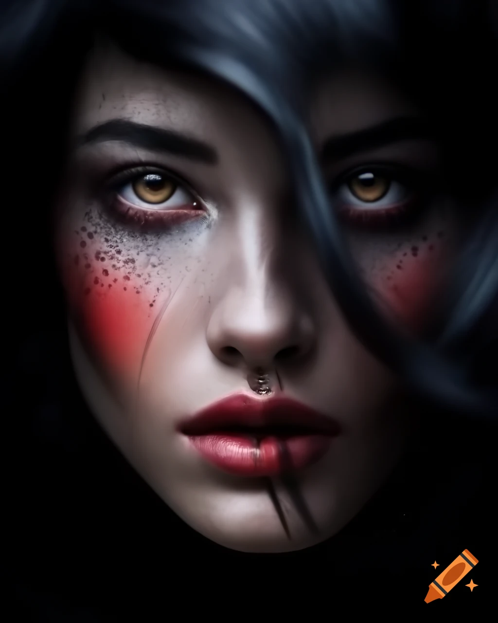 Hyperrealistic portrait of a woman with dark expressive eyes and styled ...