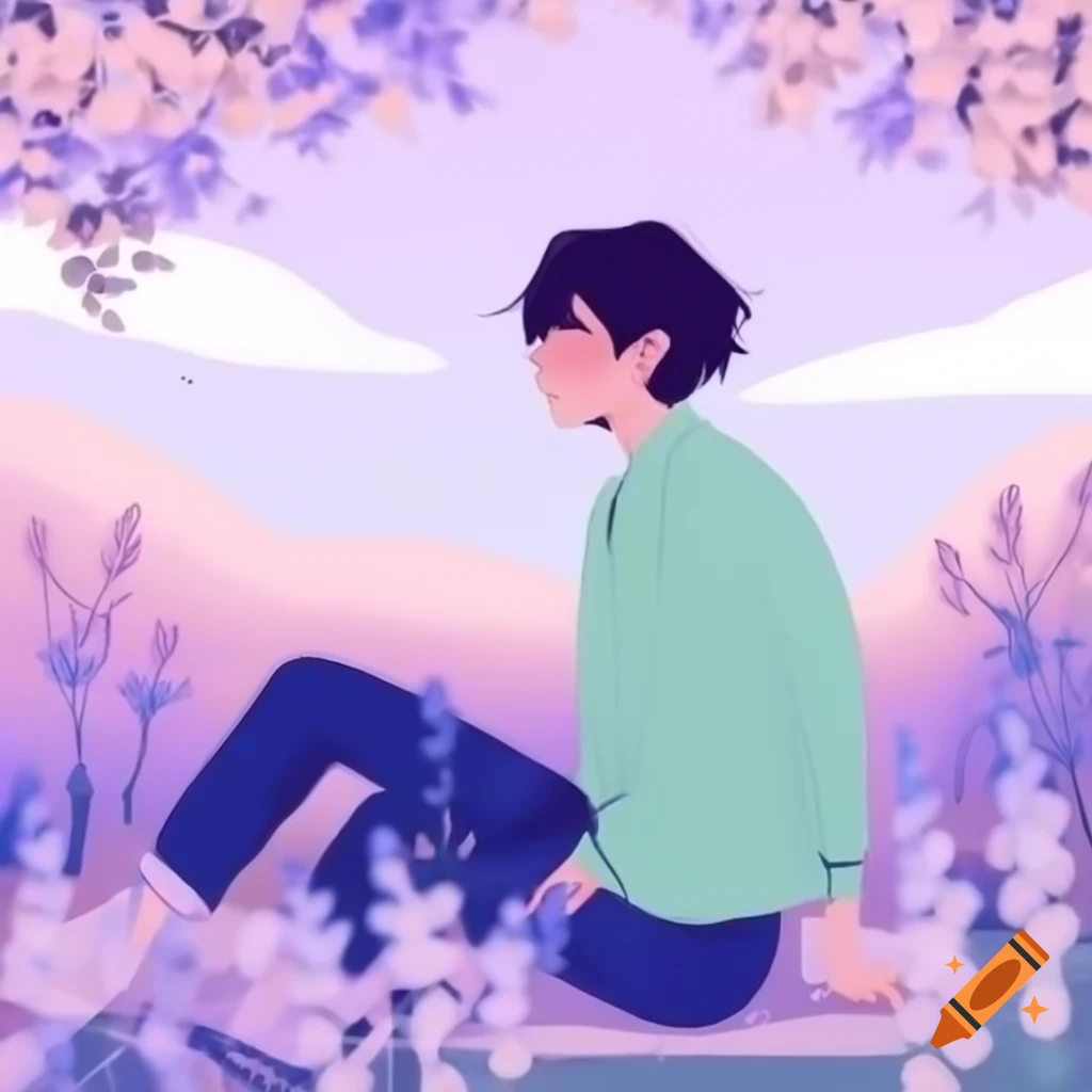 Digital illustration of a calm male figure in pastel-colored haven